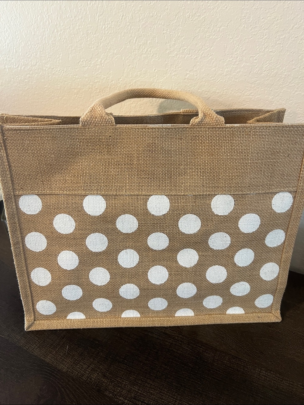 Neutral Polka Dot Jute Tote Bag and cosmetic bag inside